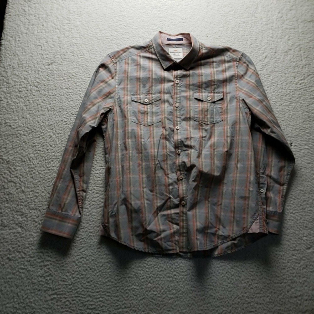 Tommy Bahama Shirt Mens Large Gray Plaid Long Sleeve Cotton Button-Up Casual